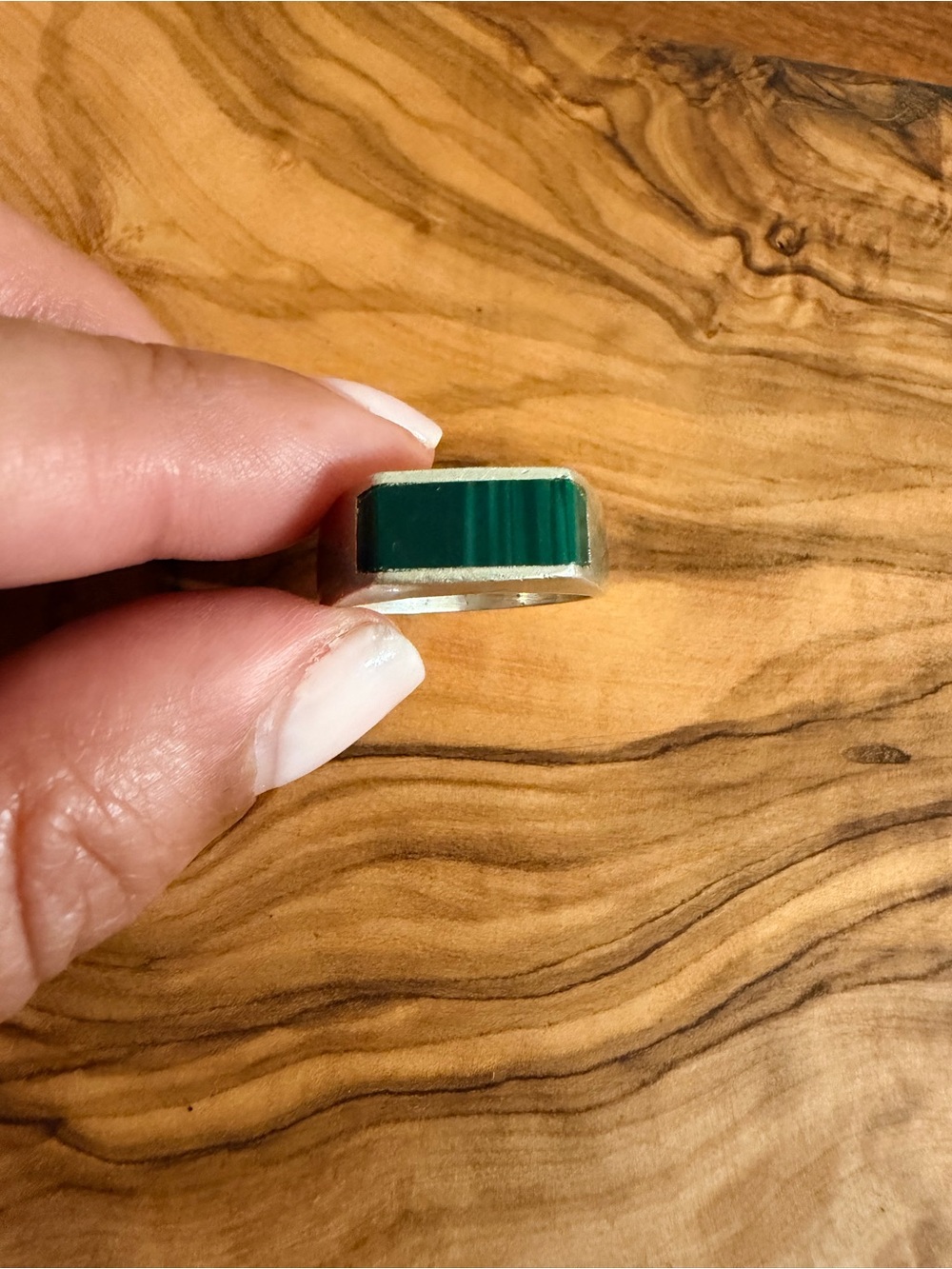 Source Unknown Silver Ring with Deep Green Malachite Inlay